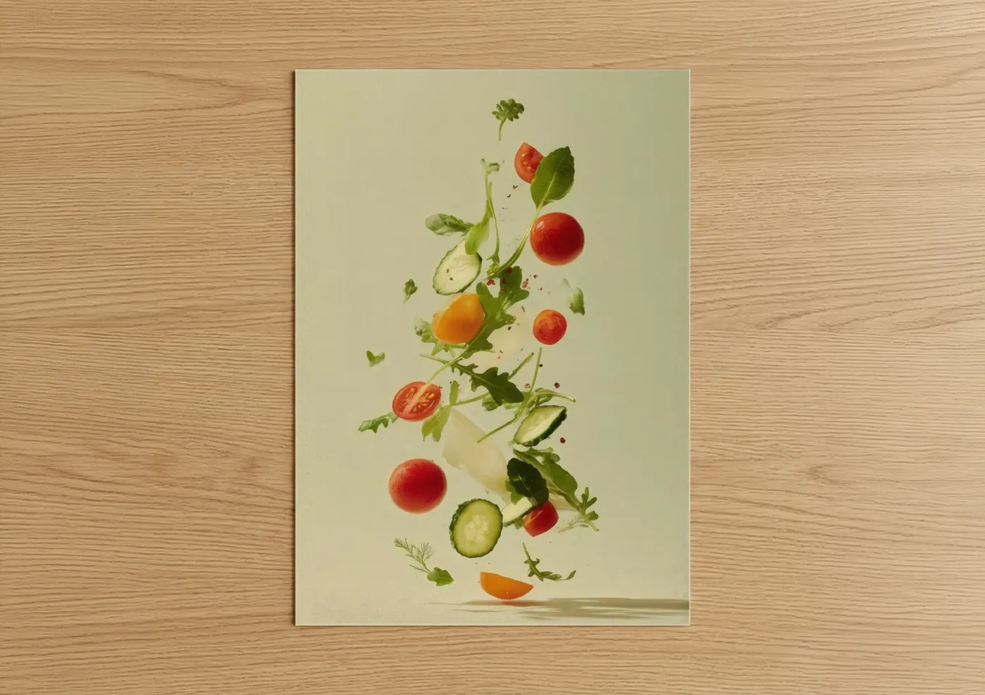 Art print on warm oak wood — light green and cream palette — Fresh Garden Salad poster