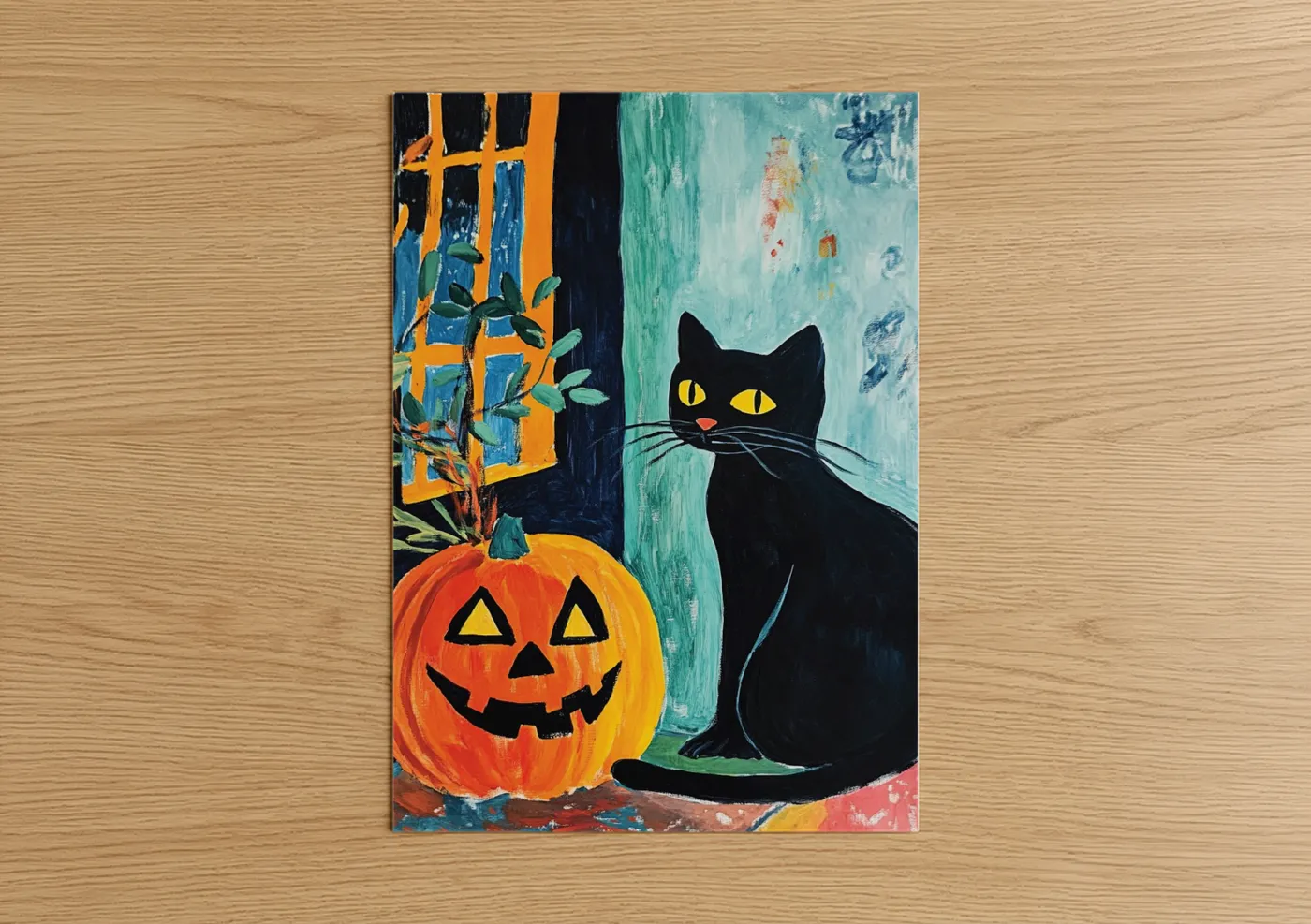 Art print on warm oak wood — orange and teal palette — Halloween Black Cat poster