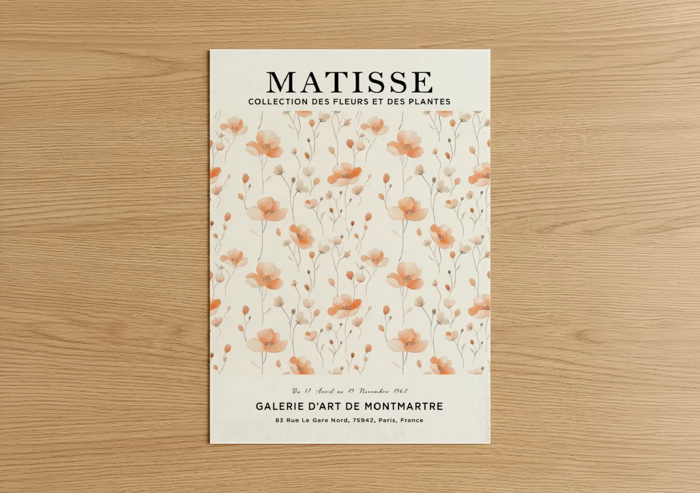 Abstract flower art print on warm oak wood — peach and cream palette — Matisse Florals poster