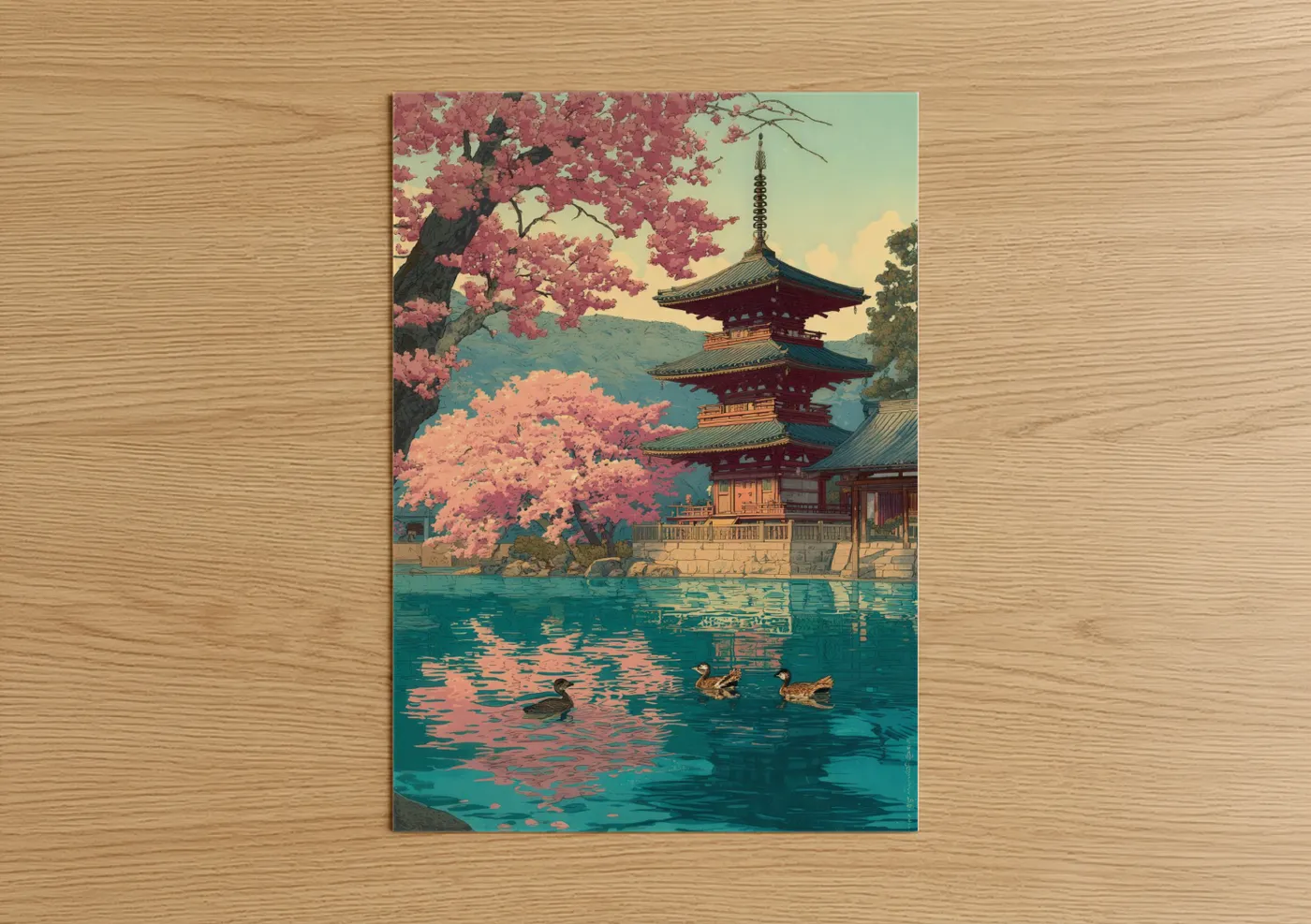 Cherry Blossom Pagoda Lake Ducks Wall Art
