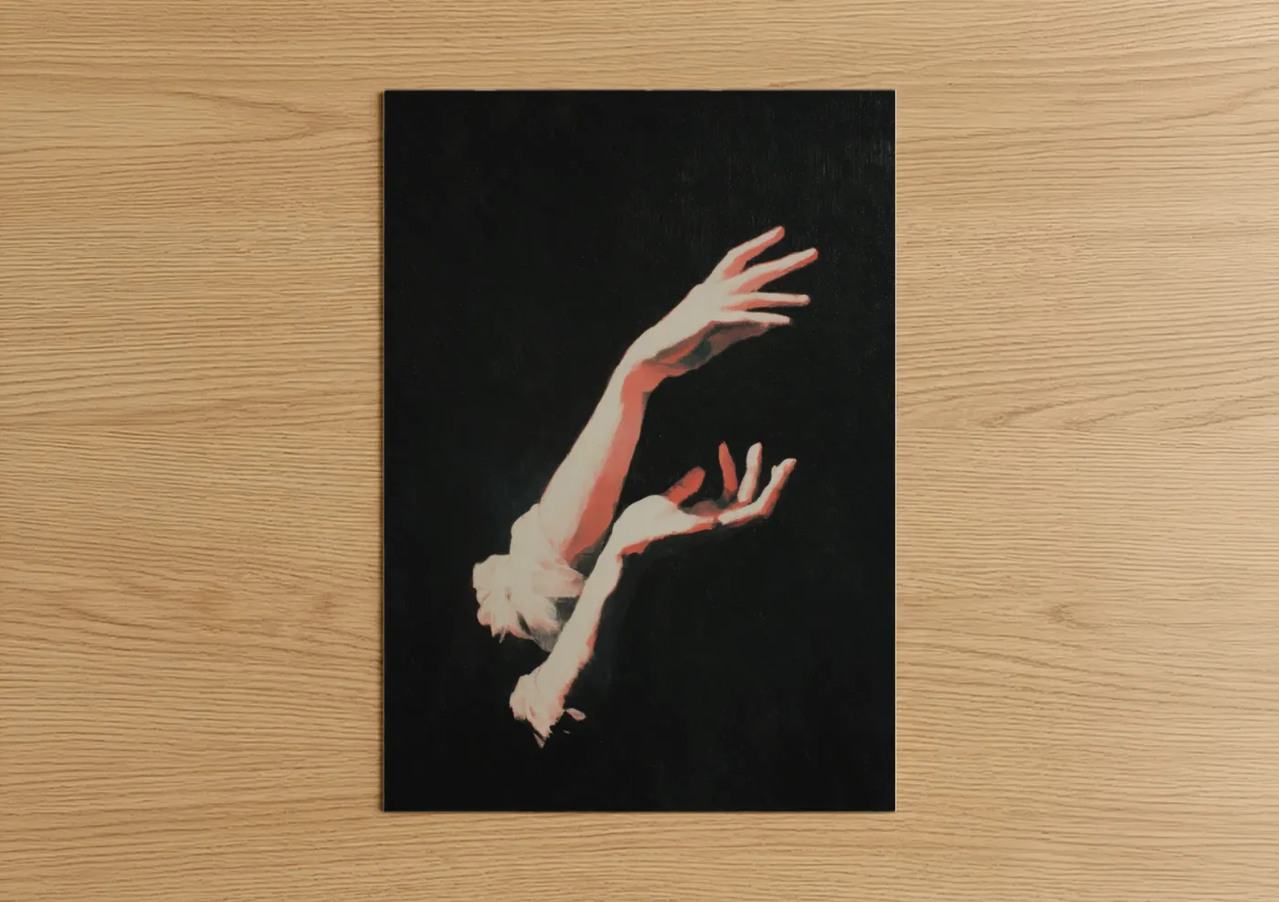 Ballet art print on warm oak wood — black and peach palette — Graceful Extension poster