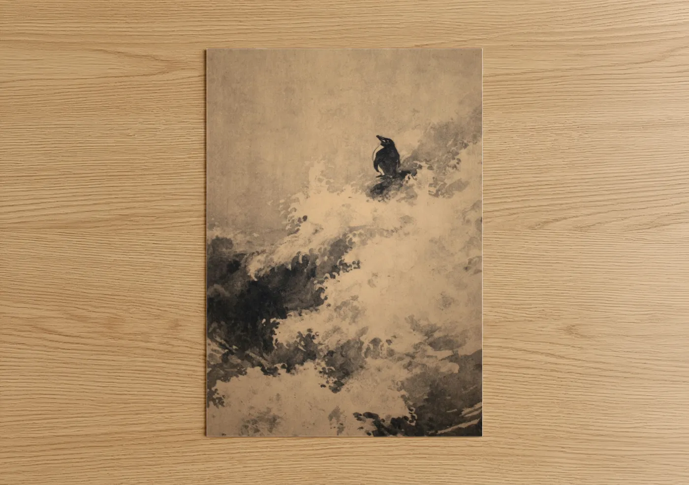 Art print on warm oak wood — beige and black palette — Solitary Penguin poster
