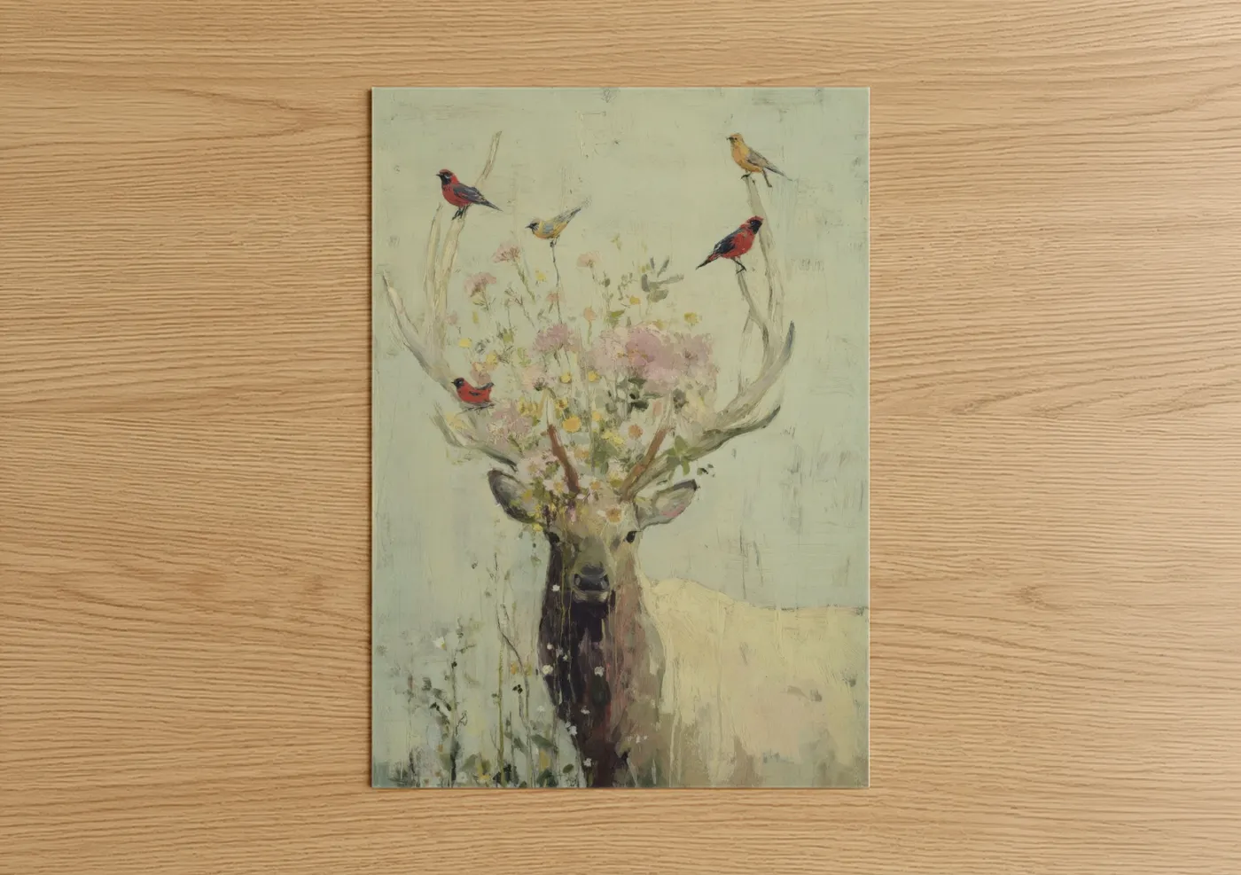 Floral Elk with Birds Watercolor Wall Art