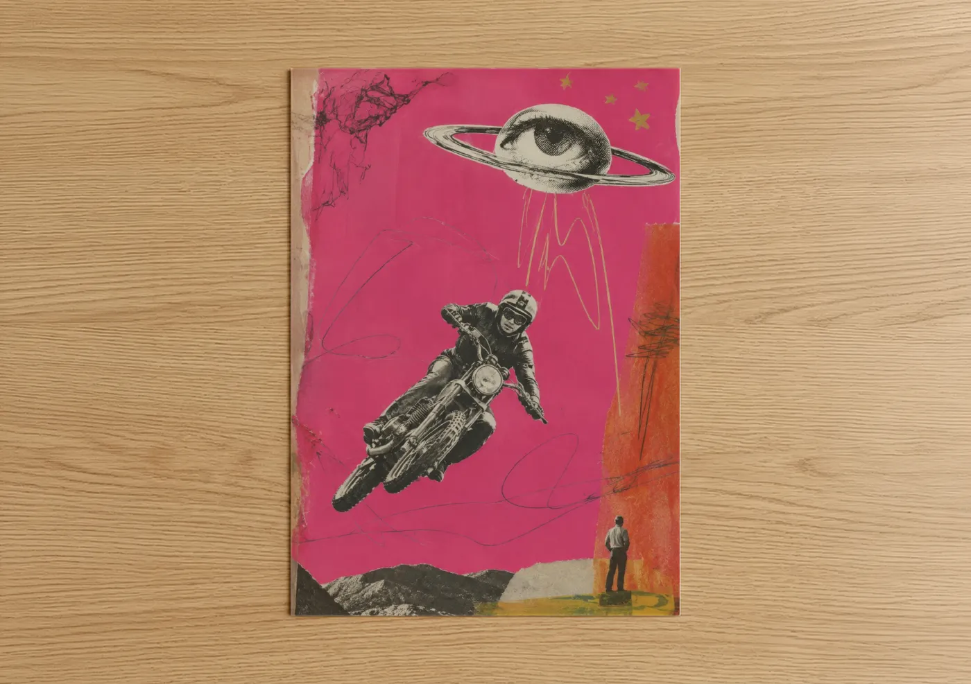 Art print on warm oak wood — magenta and black and white palette — Surreal Motorcycle UFO Wall Art poster