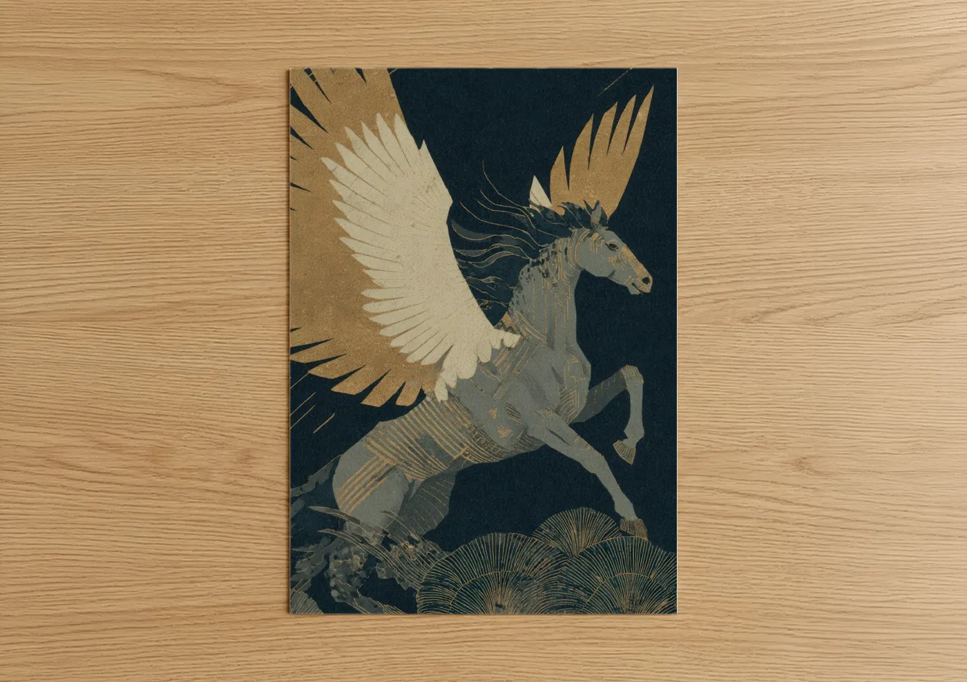 Art print on warm oak wood — gold and dark blue palette — Golden Pegasus poster