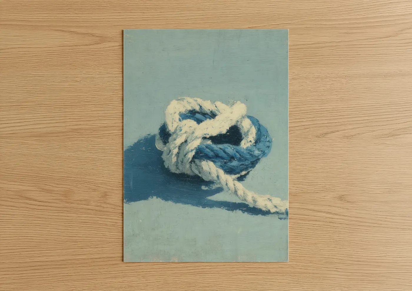 Rope knots art print on warm oak wood — blue and cream palette — Nautical Knot Study poster