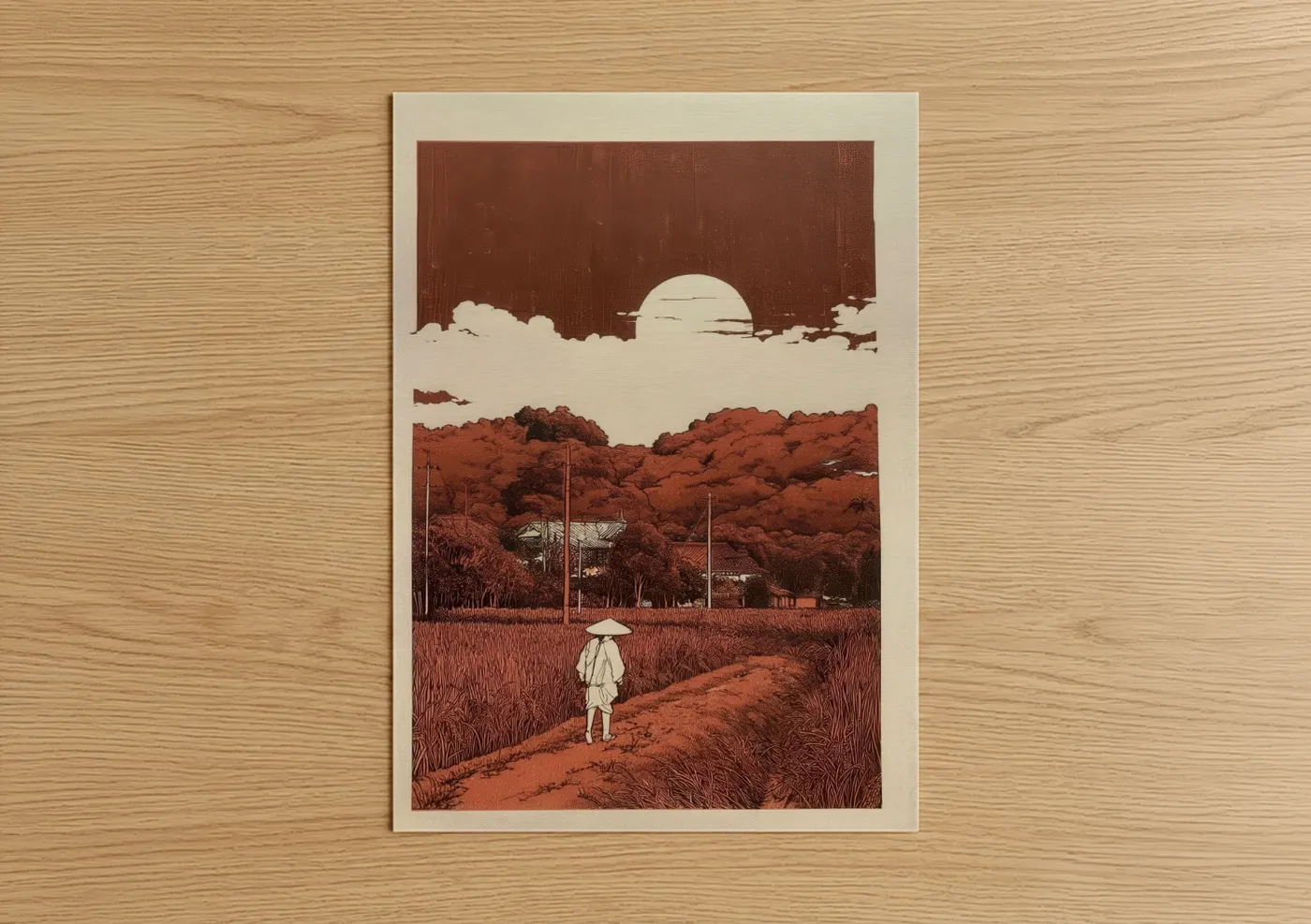 Various landscapes art print on warm oak wood — russet and cream palette — Rural Wanderer poster
