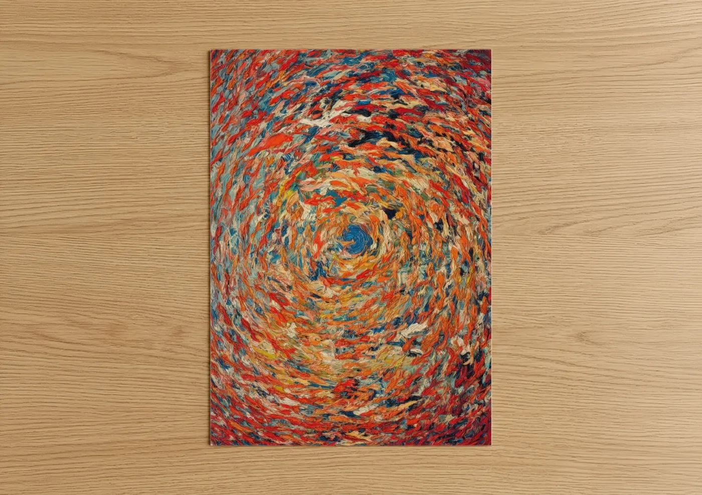 Art print on warm oak wood — red and blue palette — Swirling Goldfish poster