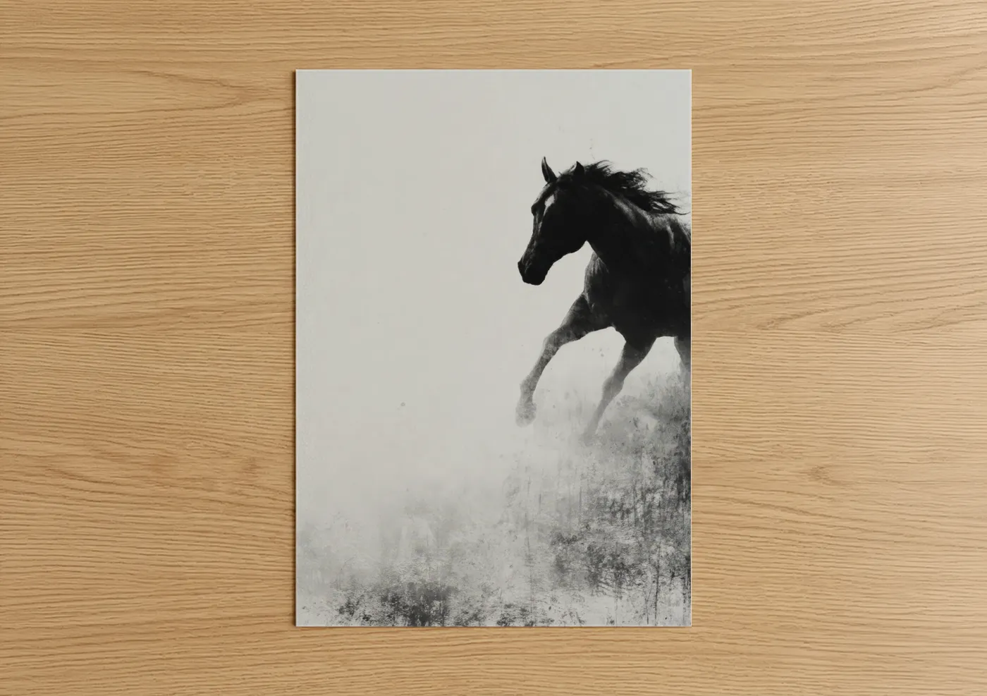 Art print on warm oak wood — black and white palette — Misty Quarter Horse poster