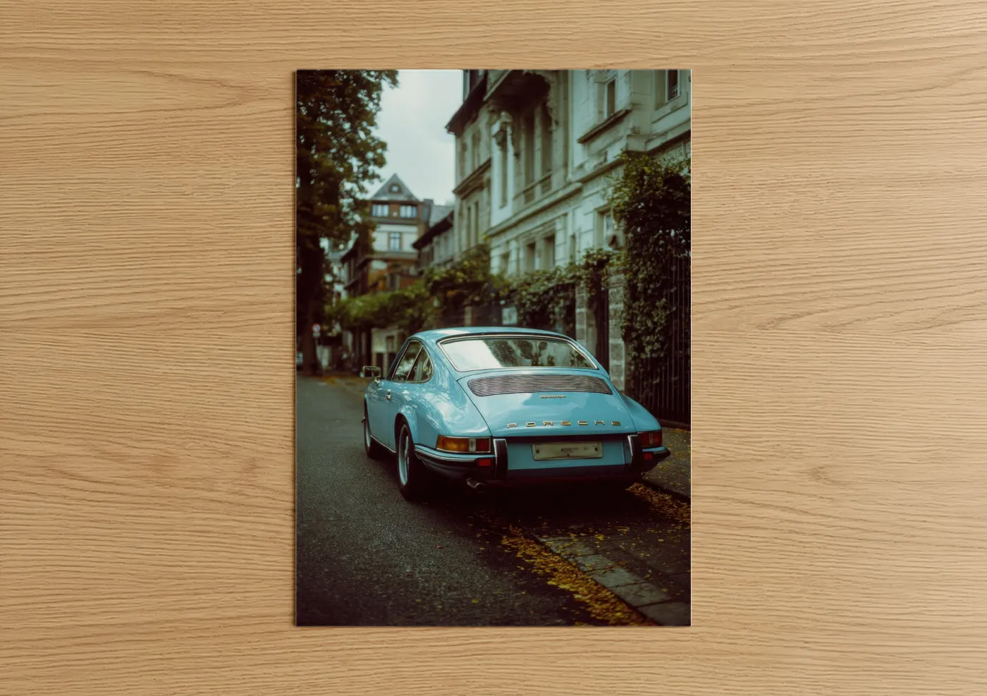Light Blue Classic Porsche Street Photography Wall Art