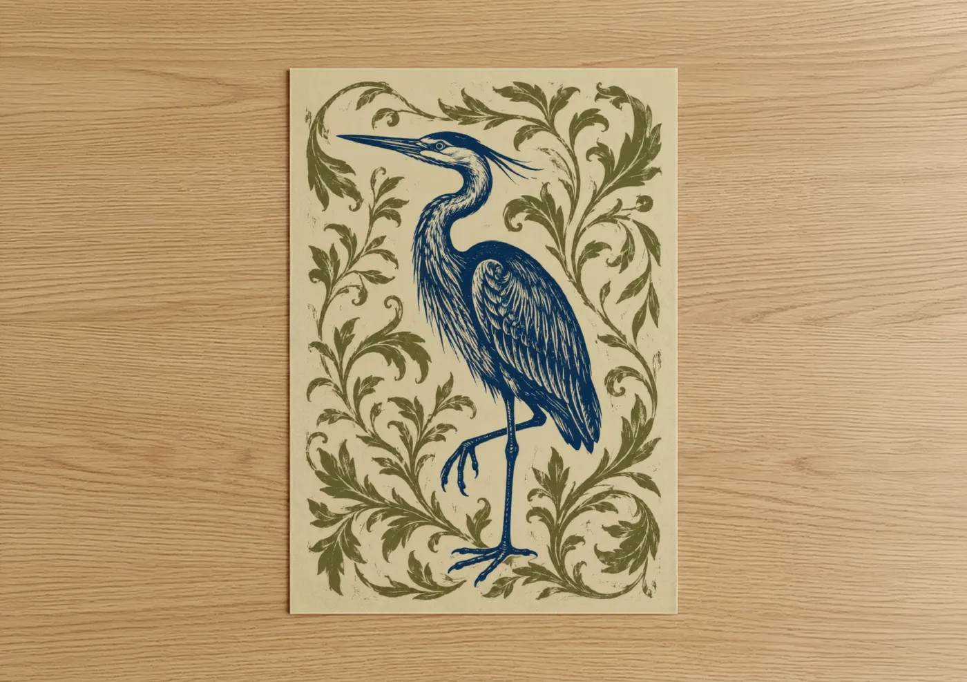 Art print on warm oak wood — blue and beige palette — Blue Heron Botanical Wall Art poster