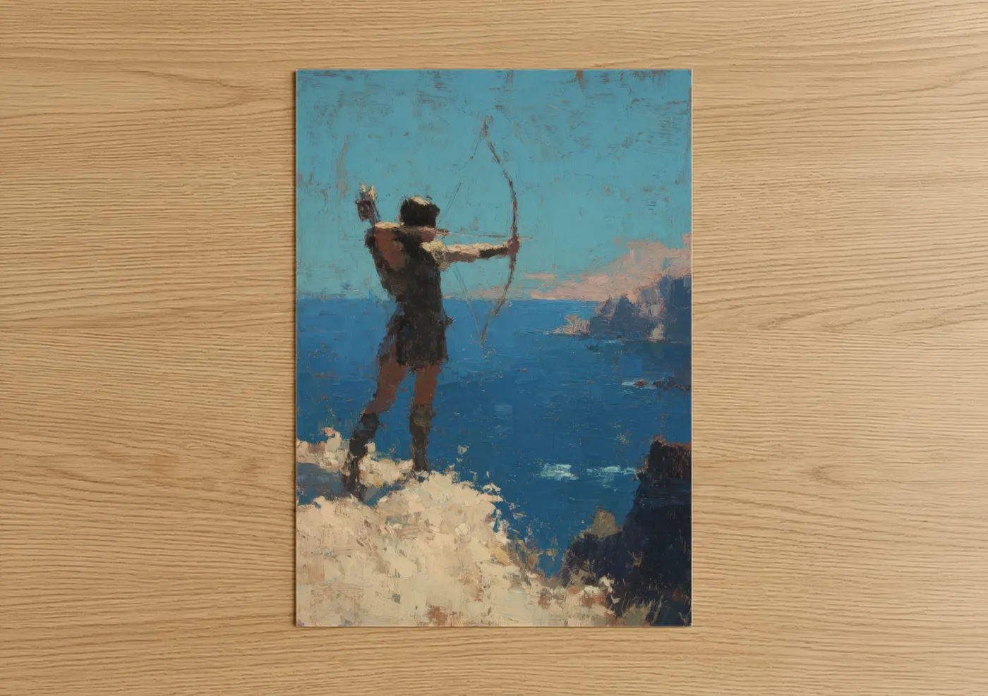 Archery art print on warm oak wood — blue and gold palette — Coastal Archer poster