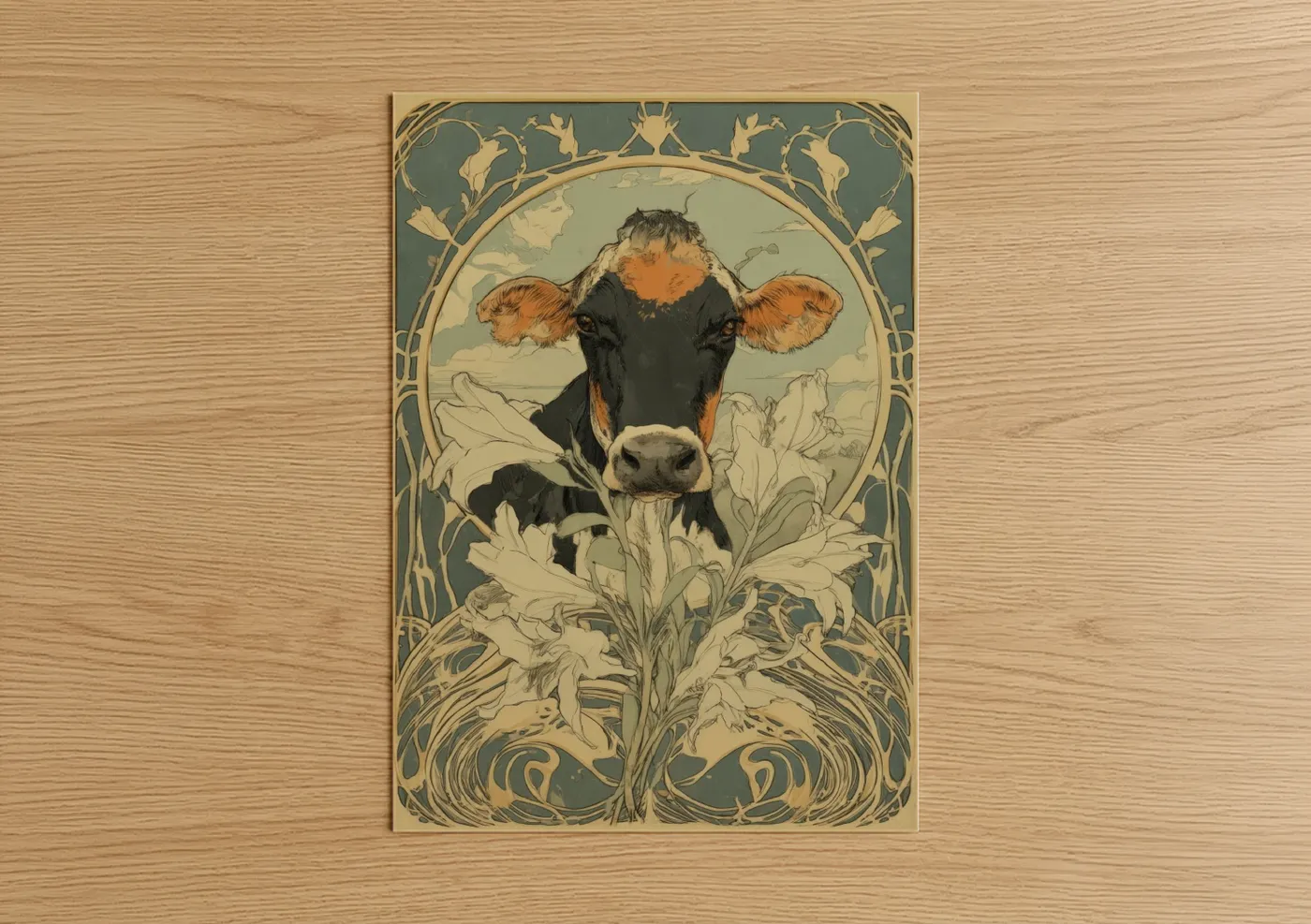 Art print on warm oak wood — sage green and gold palette — Floral Jersey Cow poster