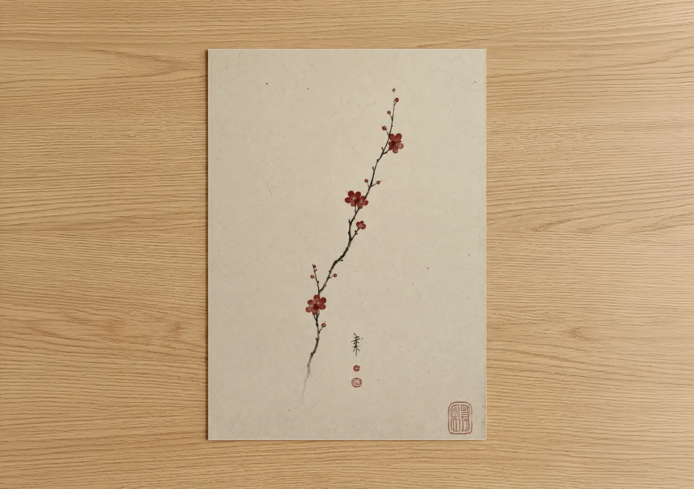 Cherry blossoms art print on warm oak wood — beige and russet palette — Cherry Blossom Branch Japanese Wall Art poster