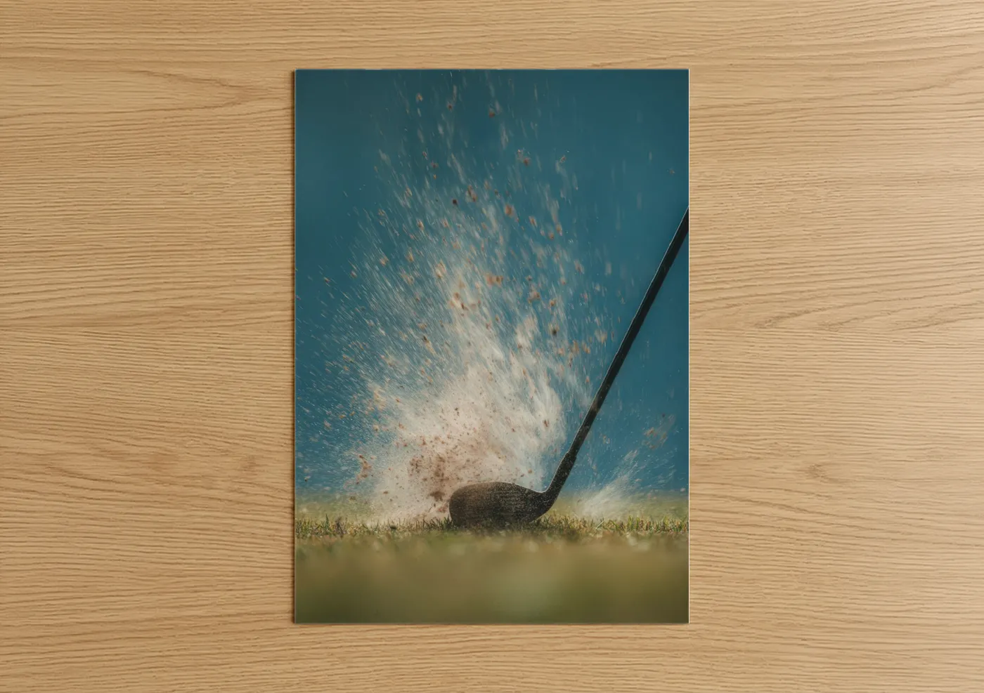 Art print on warm oak wood — blue and light green palette — Golf Impact Spray poster