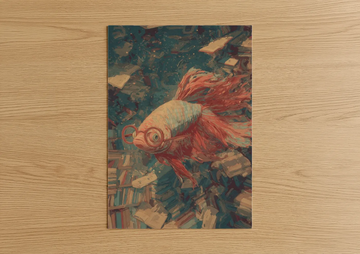 Crimson Betta Fish in Library Surrealism Wall Art