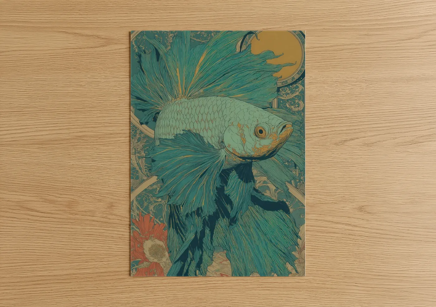 Art print on warm oak wood — teal and gold palette — Turquoise Betta Fish poster