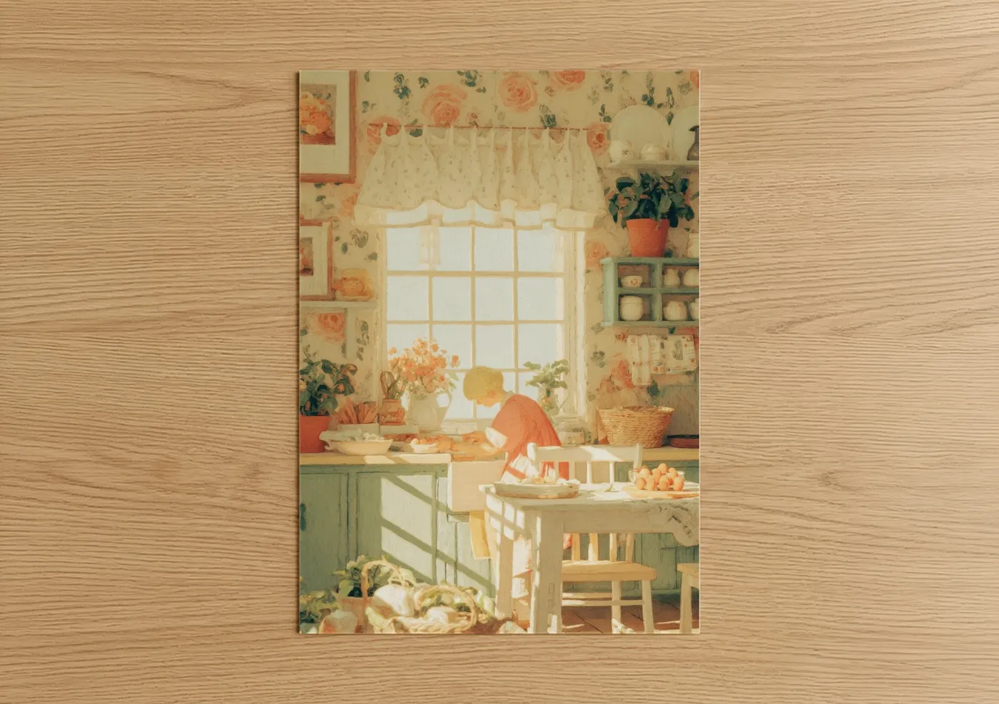 Art print on warm oak wood — peach and sage green palette — Easter Kitchen Moment poster