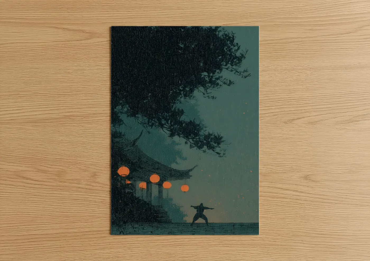 Kick boxing art print on warm oak wood — teal and orange palette — Rainy Warrior poster