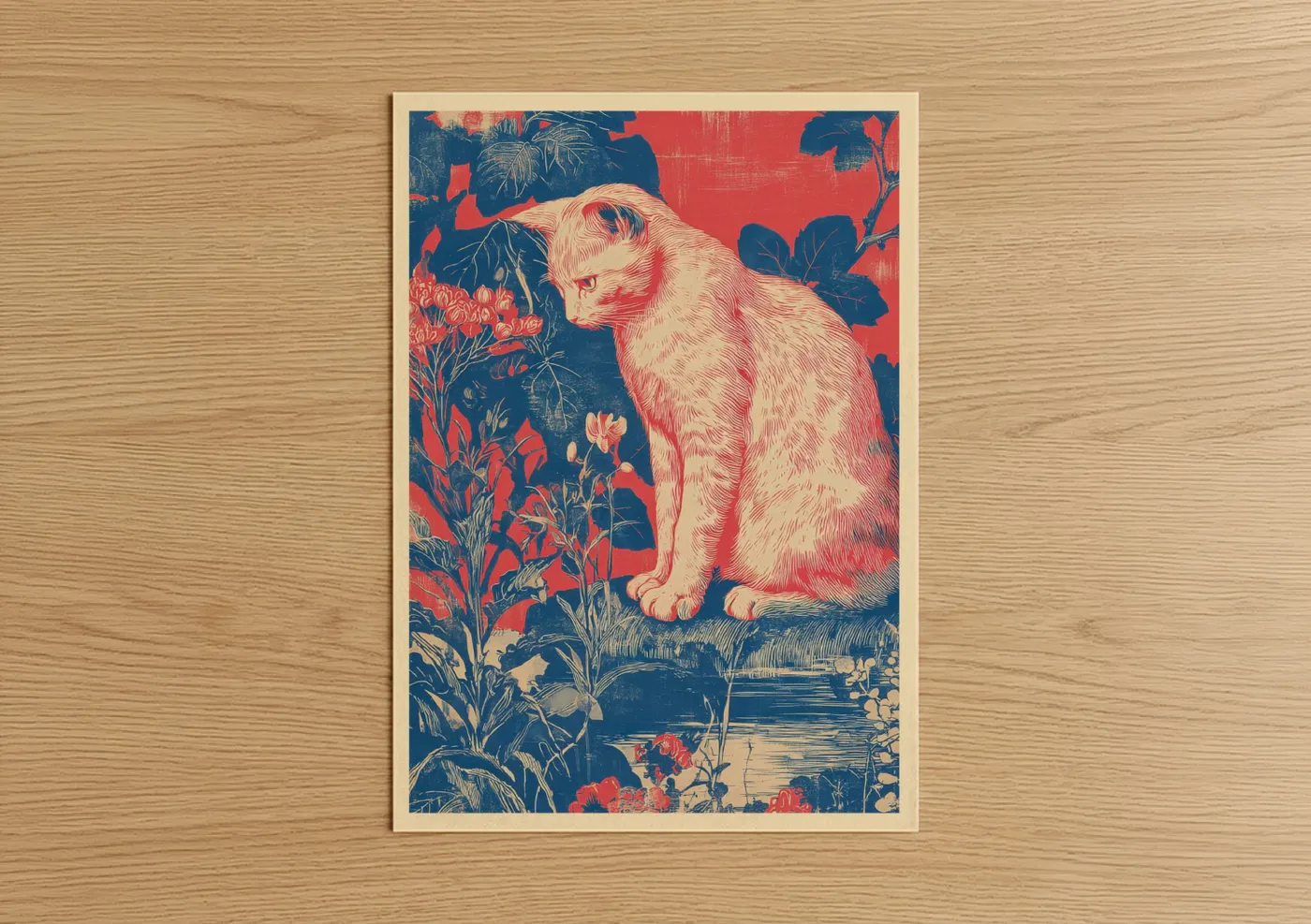 Art print on warm oak wood — blue and red palette — Garden Cat Portrait poster