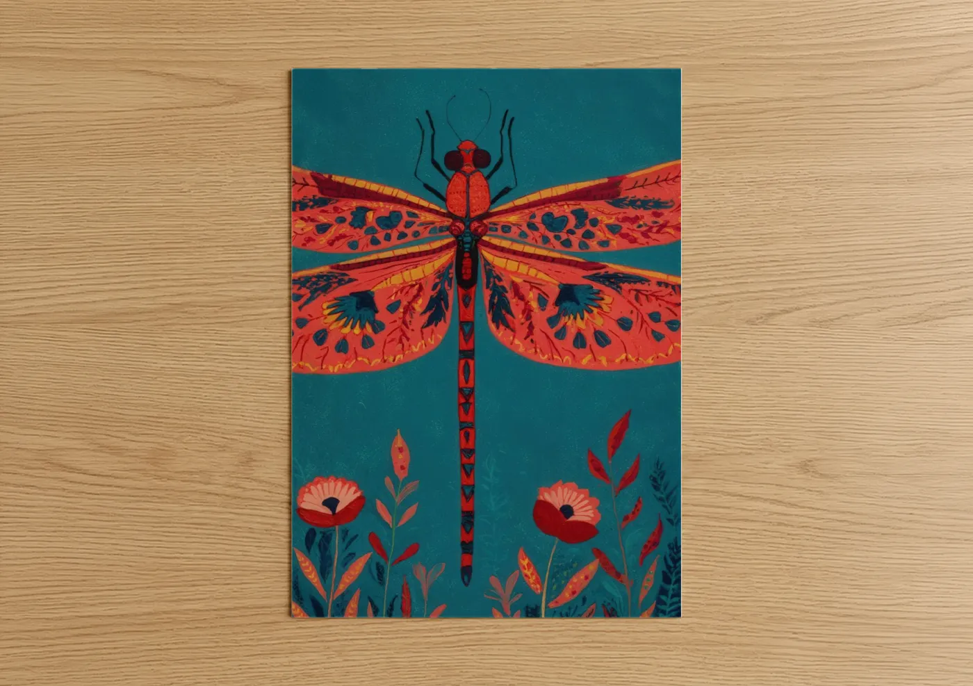 Coral Dragonfly Botanical Wall Art