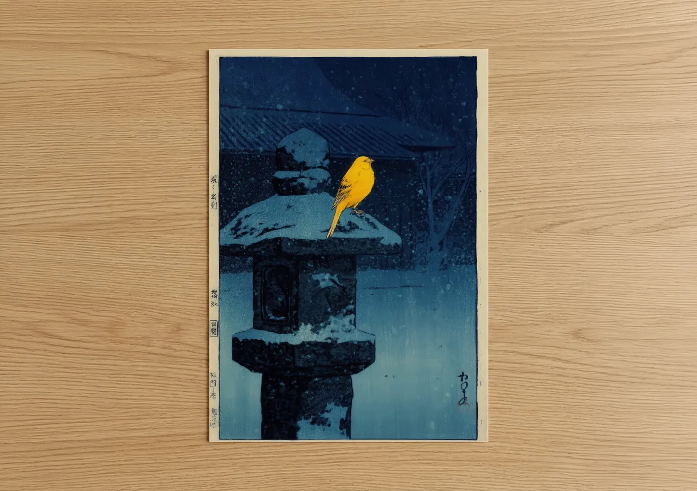Canaries art print on warm oak wood — dark blue and yellow gold palette — Yellow Canary Winter poster