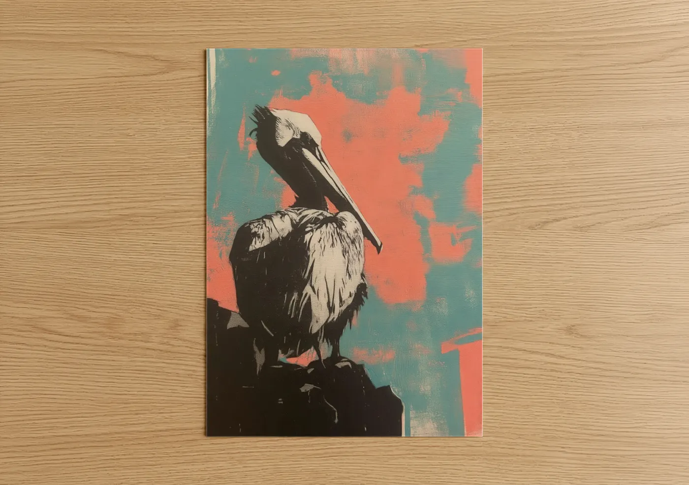 Art print on warm oak wood — teal and salmon pink palette — Coral Pelican poster