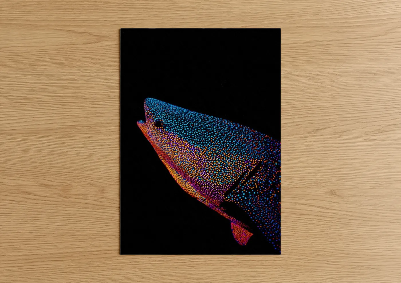 Art print on warm oak wood — blue and orange palette — Neon Whale Shark poster
