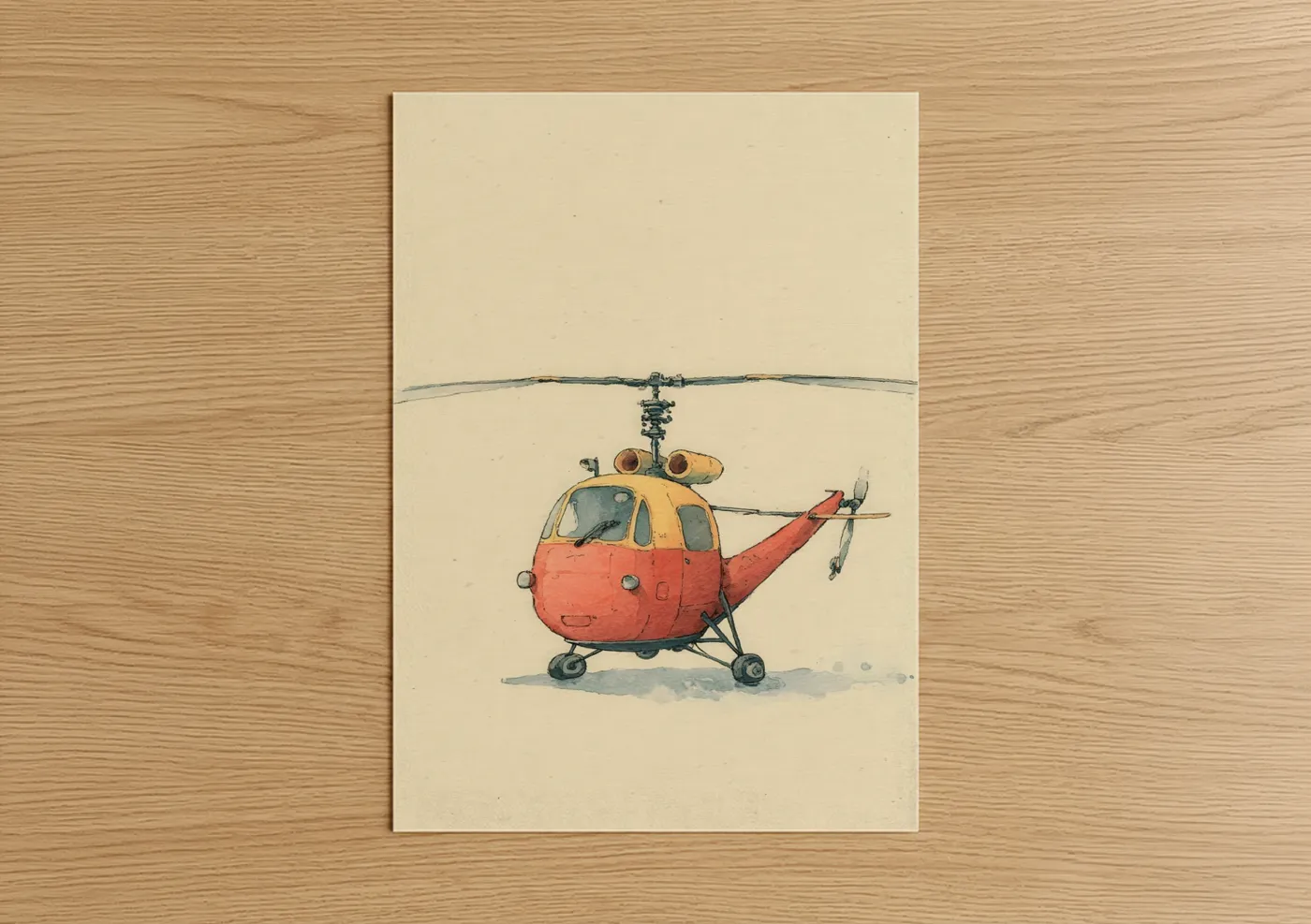 Art print on warm oak wood — cream and red palette — Vintage Rescue Helicopter poster
