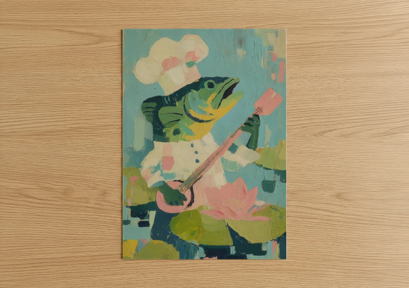 Art print on warm oak wood — teal and pink palette — Chef Bass poster