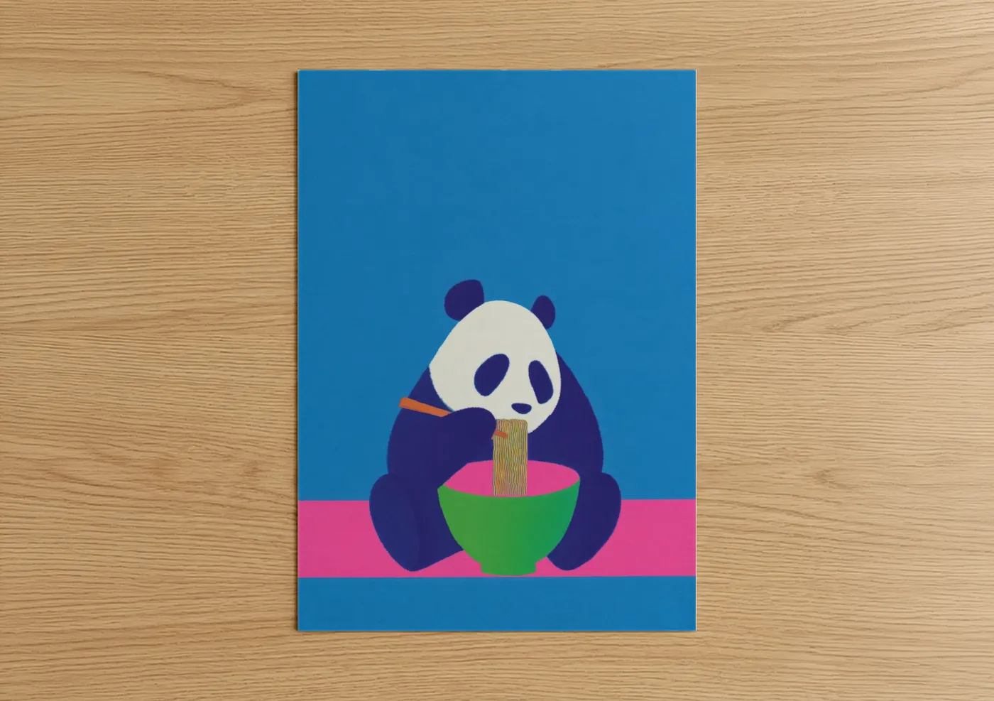 Playful Panda Eating Noodles Illustration Wall Art