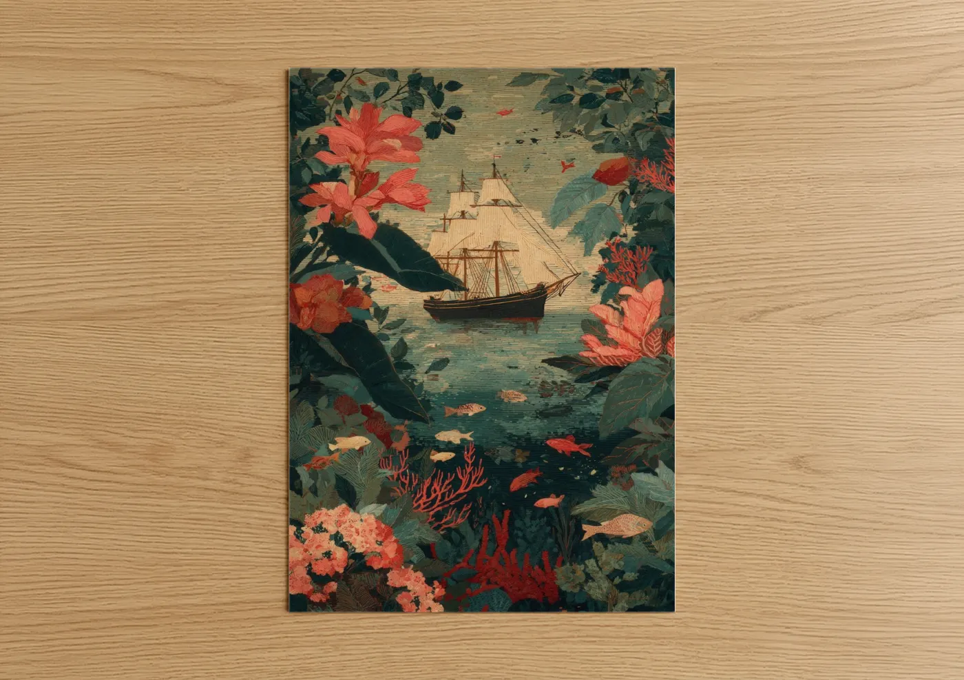 Art print on warm oak wood — red and teal palette — Botanical Sailing Ship poster