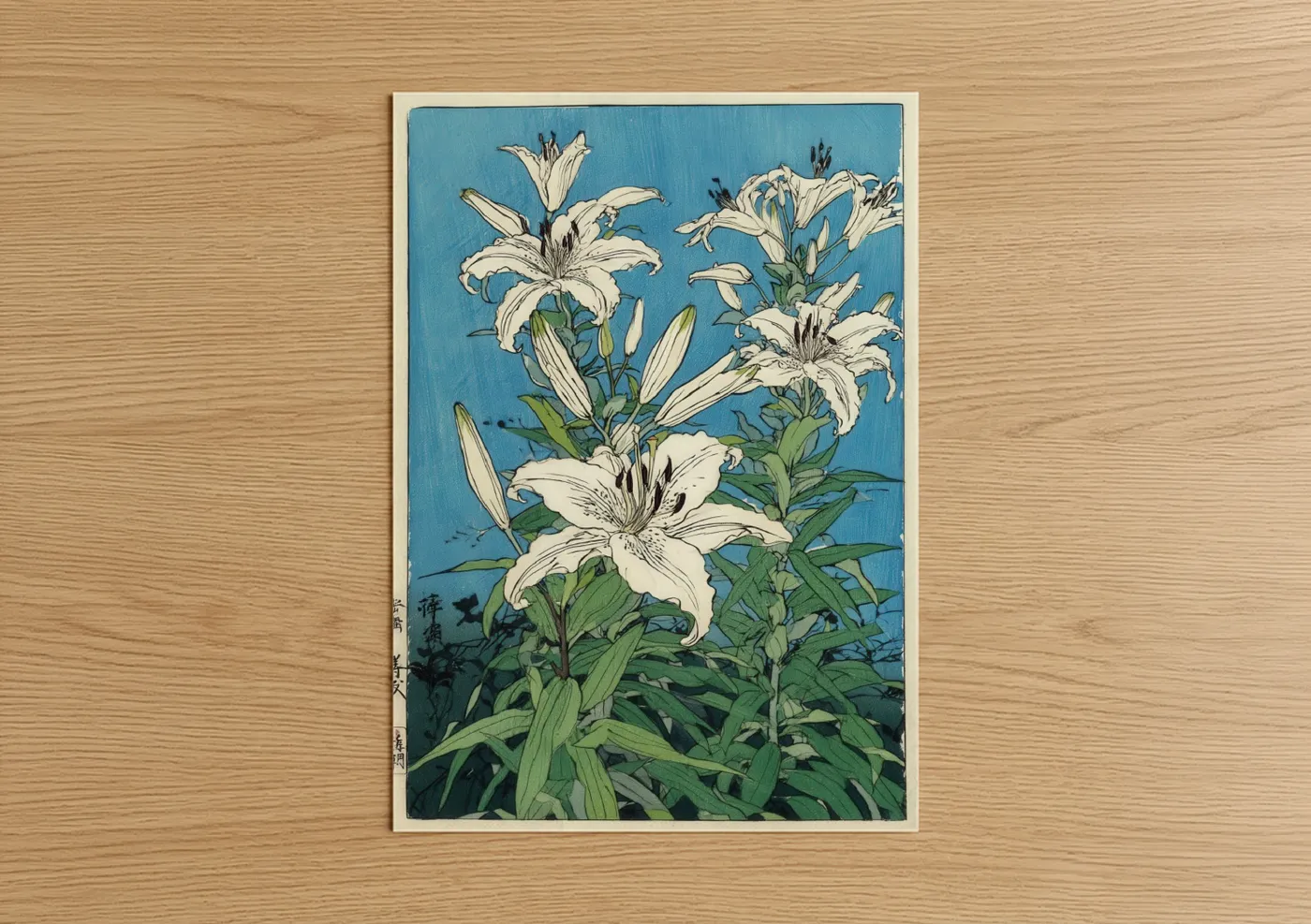 White Amaryllys Flowers Blue Background Wall Art