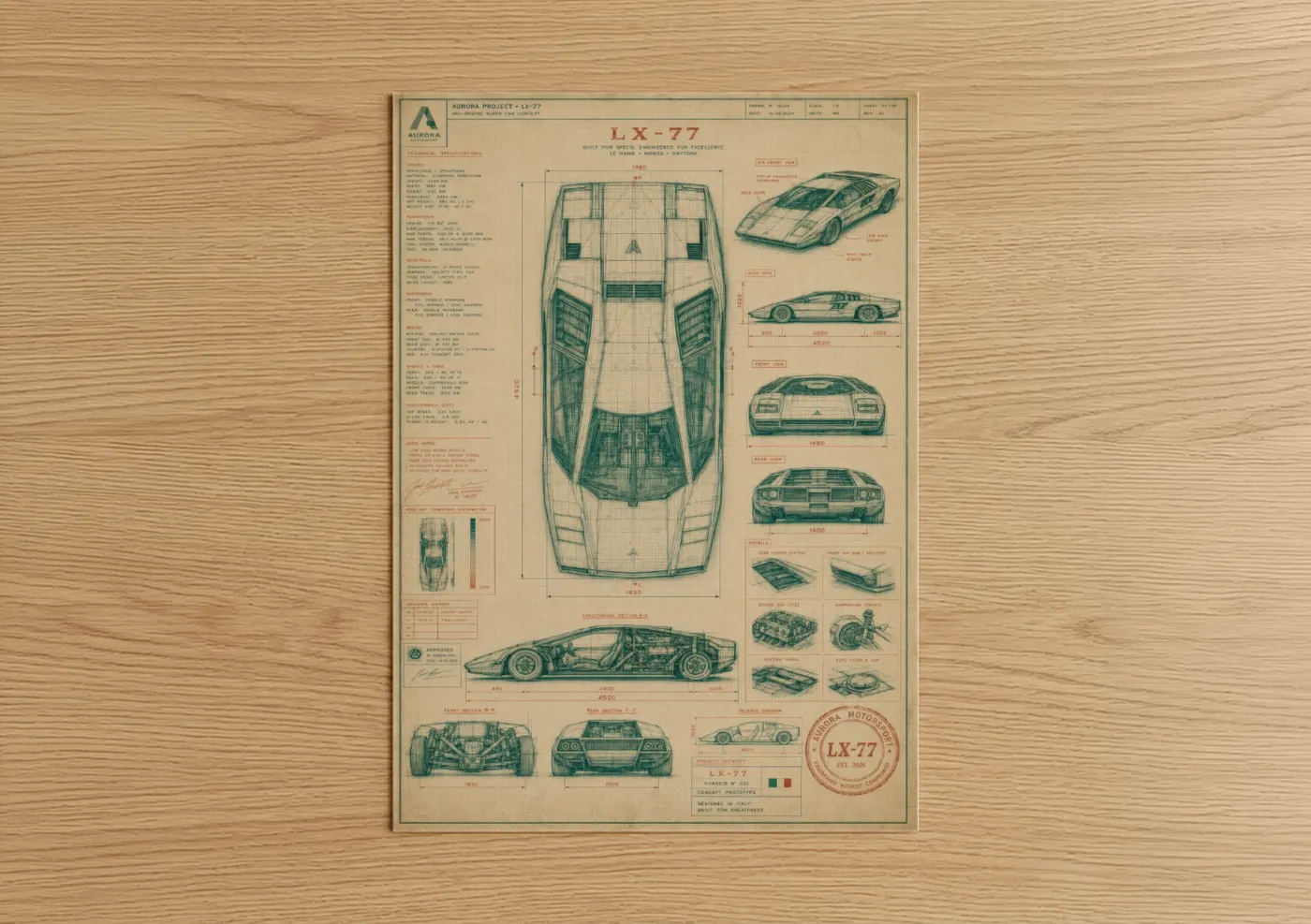 Art print on warm oak wood — beige and teal palette — Vintage Sports Car Blueprint Wall Art poster