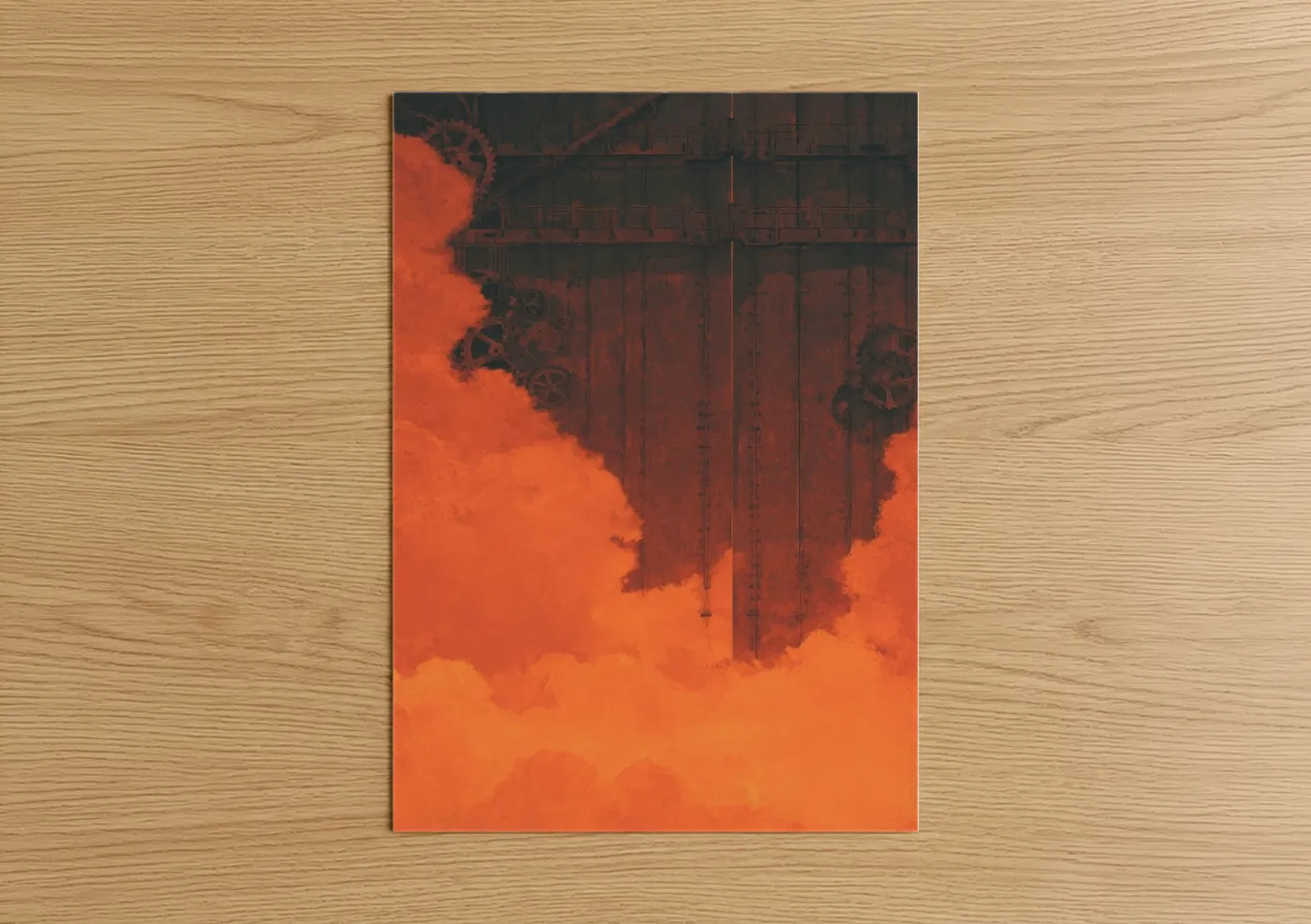 Art print on warm oak wood — red and orange palette — Infernal Gate poster