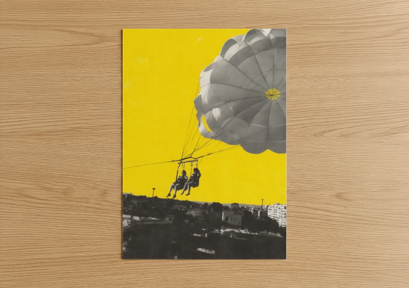 Art print on warm oak wood — yellow and black and white palette — Yellow Sky Parasailing poster