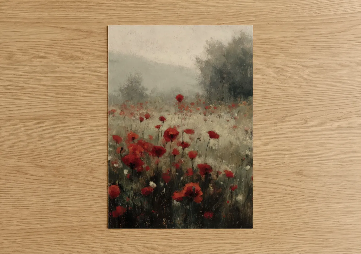 Poppies art print on warm oak wood — red and gray palette — Misty Poppy Field poster