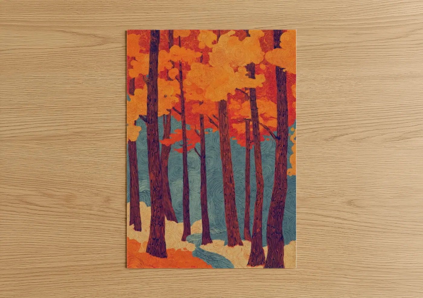 Art print on warm oak wood — gold and teal palette — Autumn Forest Glow poster
