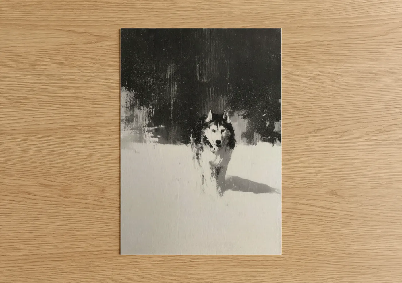 Art print on warm oak wood — black and white and gray palette — Snowy Husky poster
