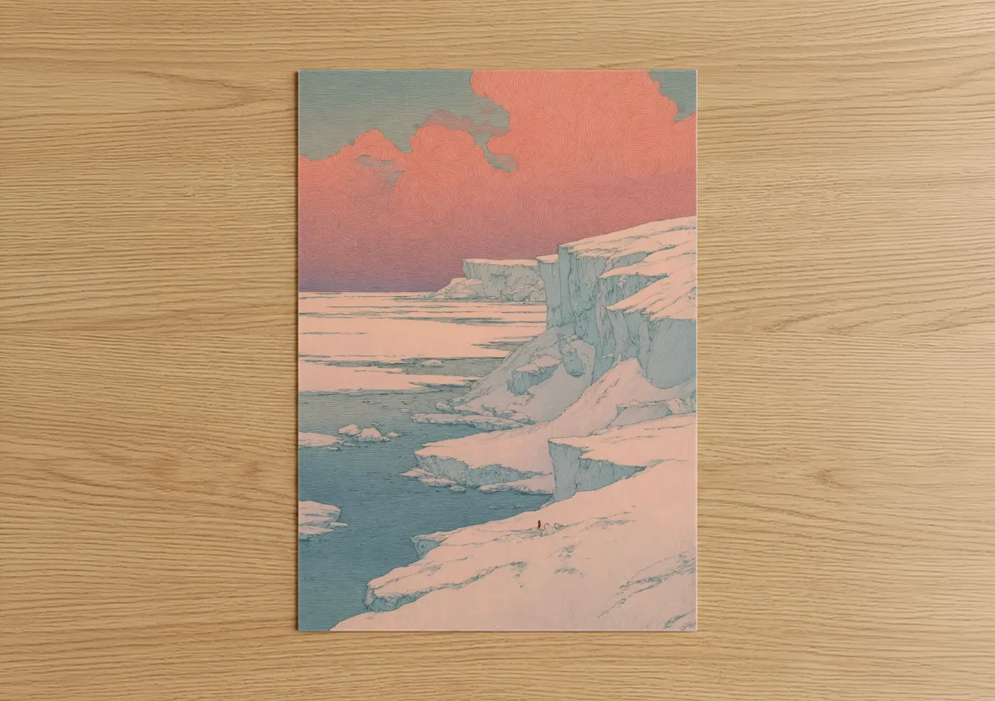 Art print on warm oak wood — salmon pink and teal palette — Crimson Glacier poster