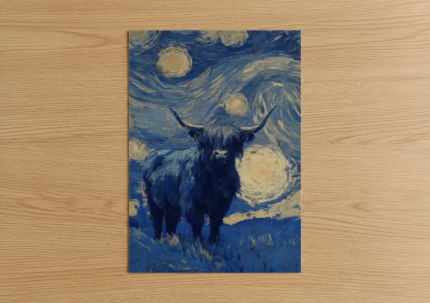 Art print on warm oak wood — blue and gold palette — Starry Highland Cow poster