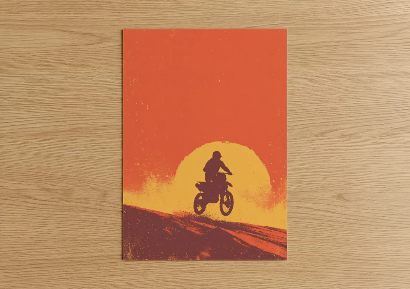 Art print on warm oak wood — orange and gold palette — Sunset Motocross poster