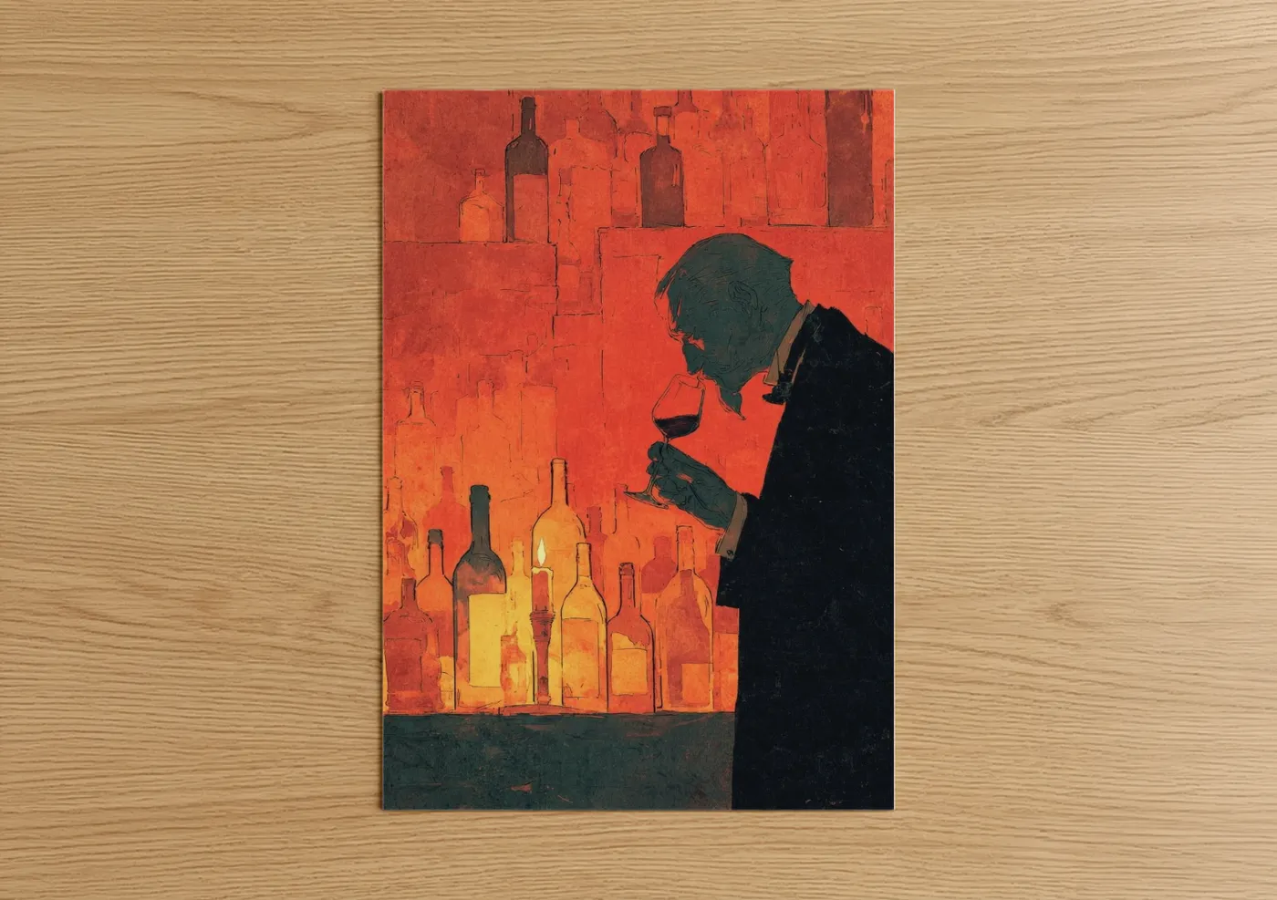 Wineries and cellars art print on warm oak wood — red and black and red palette — Wine Connoisseur poster
