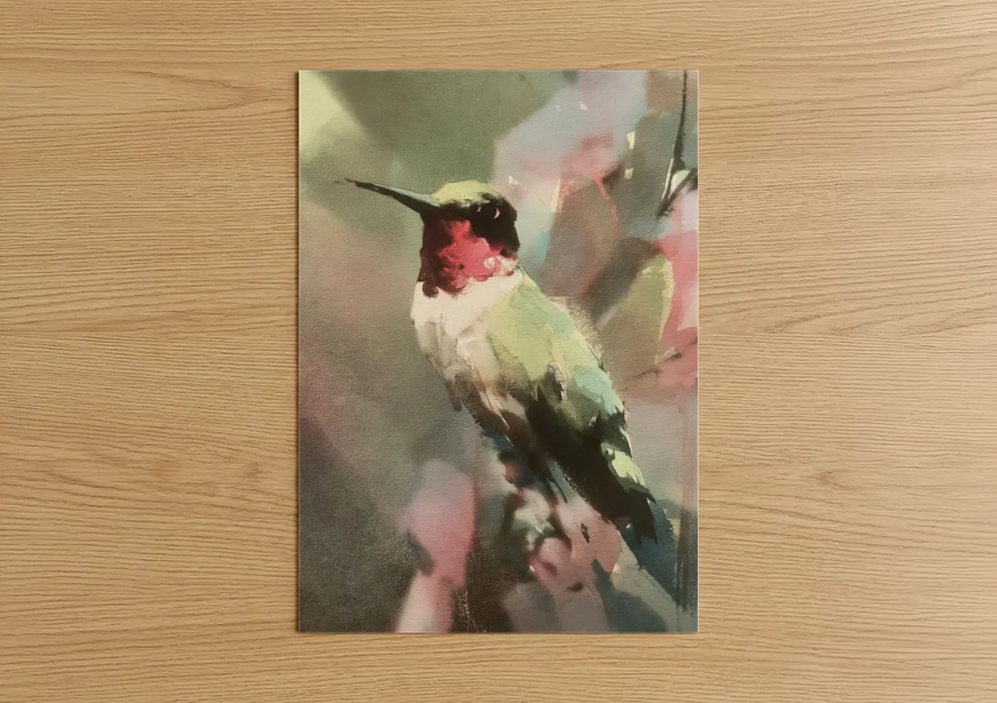Art print on warm oak wood — magenta and light green palette — Crimson Hummingbird poster