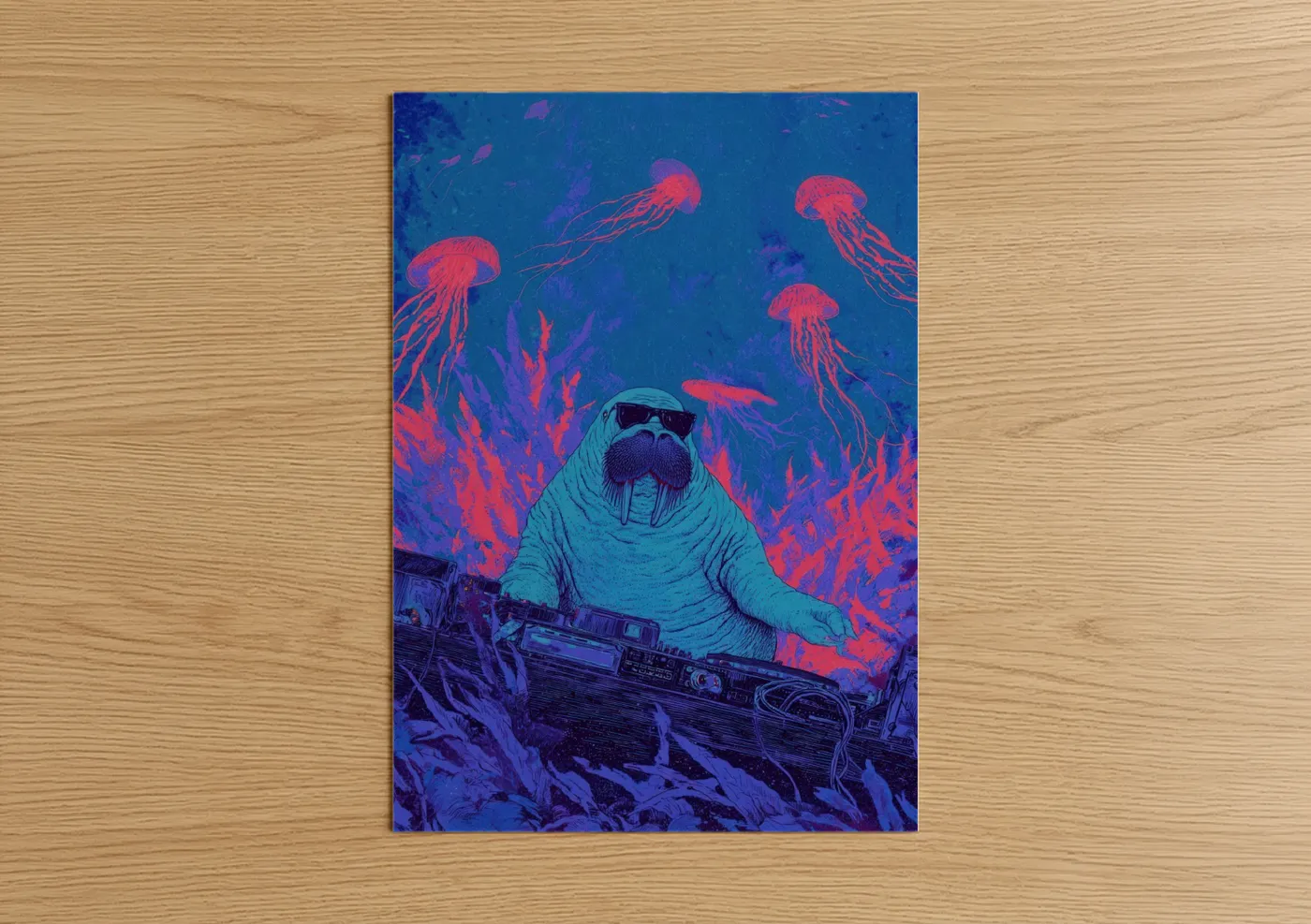 Neon Walrus Synthwave Ocean Art Wall Art