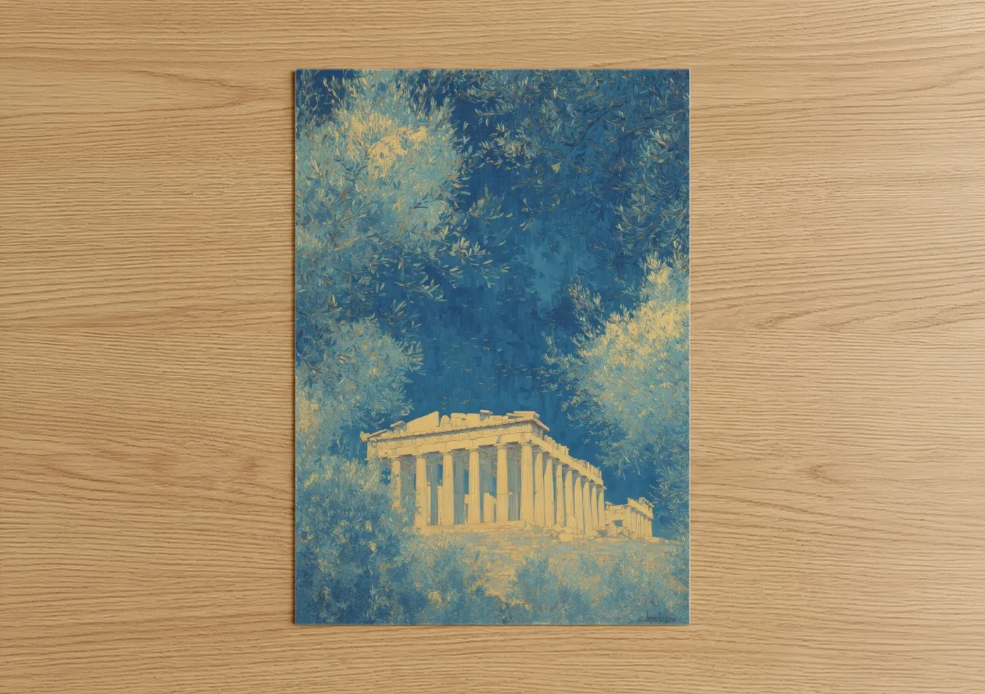 Art print on warm oak wood — blue and gold and cream palette — Golden Parthenon poster
