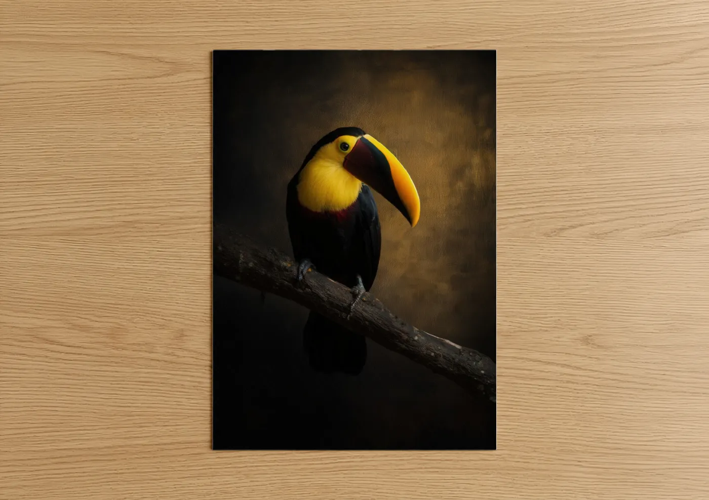 Art print on warm oak wood — gold and black palette — Golden Toucan Portrait poster