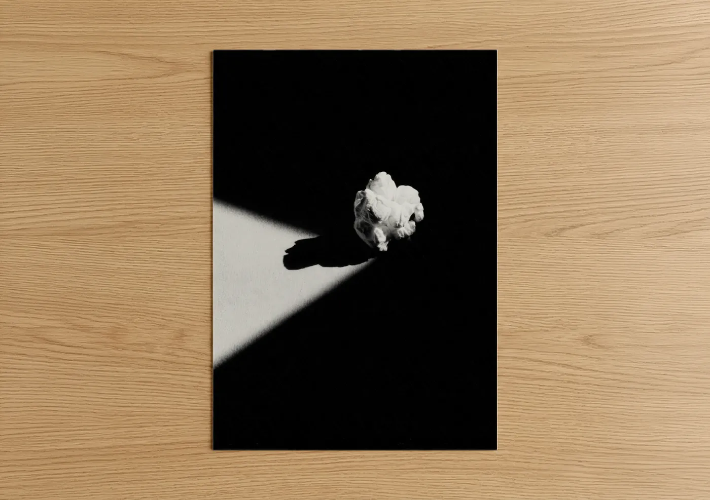 Art print on warm oak wood — black and white palette — Sunlit Popcorn poster