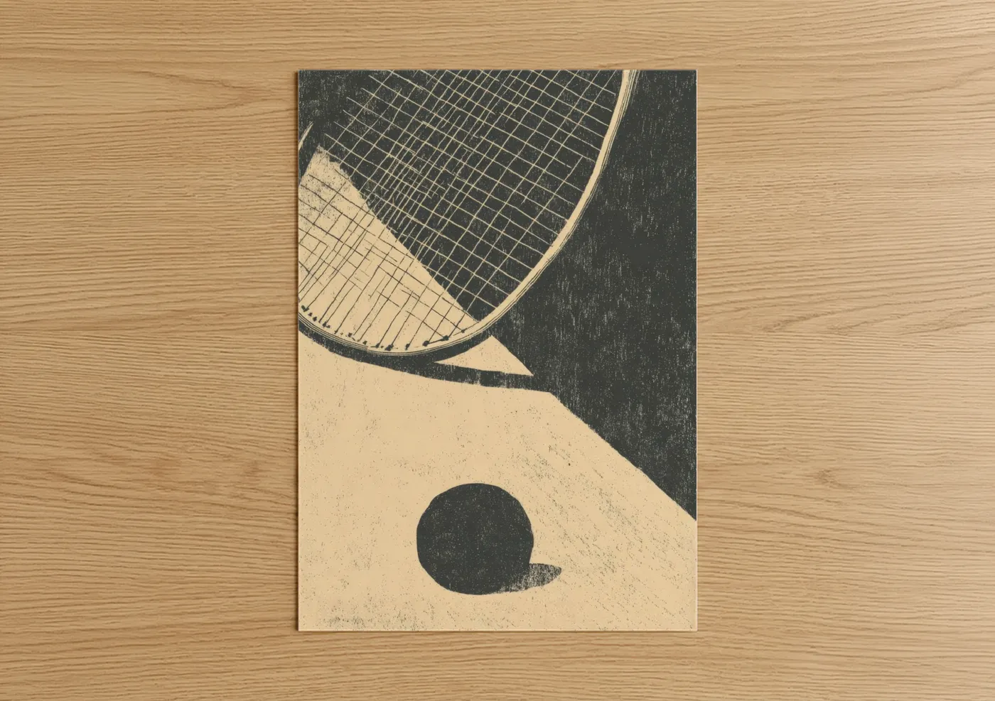 Art print on warm oak wood — black and white and cream palette — Vintage Racquetball poster