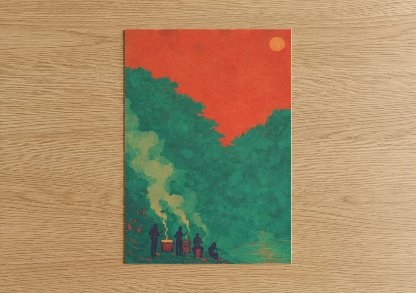Art print on warm oak wood — orange and true green palette — Campfire Reggae poster